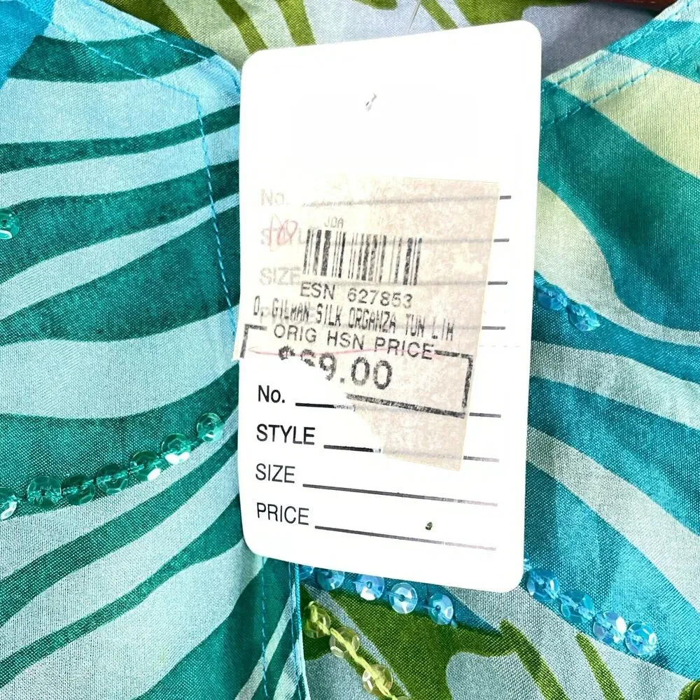 New Diane Gilman Silk Tunic Blouse Womens Med Button Front Sequins Green Blue - Picture 6 of 14